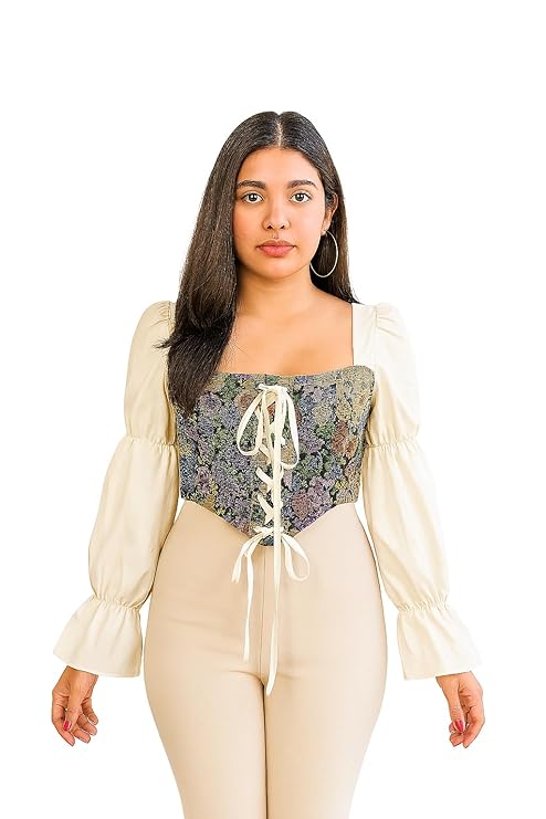 ICW Women Retro Style Floral Jacquard Square Neck Smock Long Puff Sleeve Ruffled Crop Blouse Corset Top Dn2410