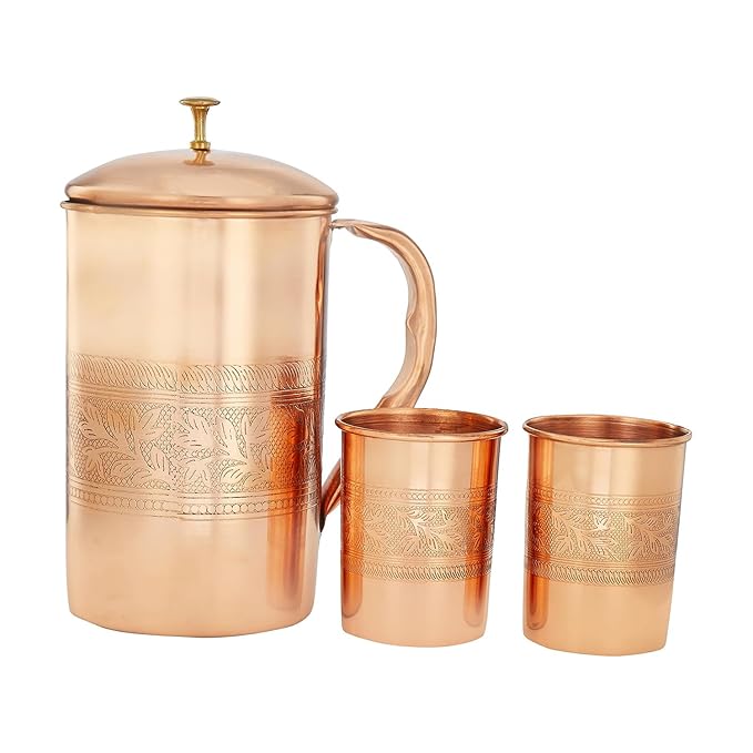 Pure Copper Water Jug 2 Litre with 2 Copper Glasses (300ml Each) | Ayurvedic Copper Pitcher Set for Drinking & Storage for Health & Wellness