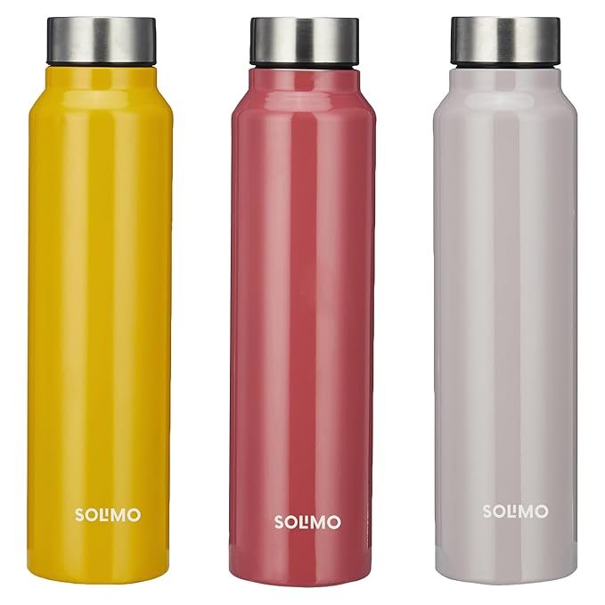 Amazon Brand - Solimo Stainless Steel Bottles (Set of 3) | 970ml Each | 100% Food-Grade | BPA-Free Cap | Leak & Spill Proof | Ergonomic Grip | For Home & Office Use (Yellow, Grey & Red)