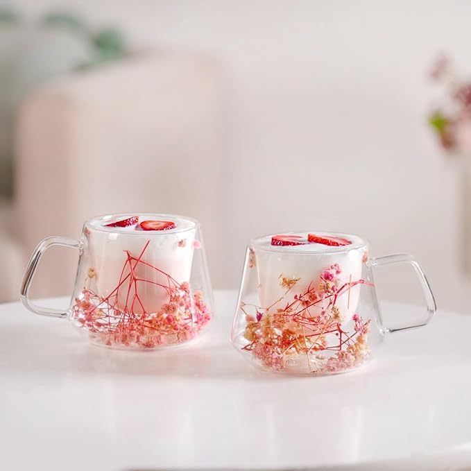 Nestasia Double Wall Glass Mug with Dried Flowers Set of 2 (180ml Each) - Transparent Borosilicate Floral Glass Tea Cups | Lightweight & Durable Coffee Mugs - Perfect for Gifting (Pink)