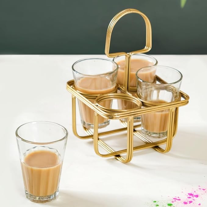 Nestasia Cutting Chai Glasses Set of 4 with Golden Metal Stand | Dhaba Style Tea Glass Holder Carrier | Rust-Resistant Wrought Iron Stand | Ideal for Chai, Coffee, and Beverage (150 ml)
