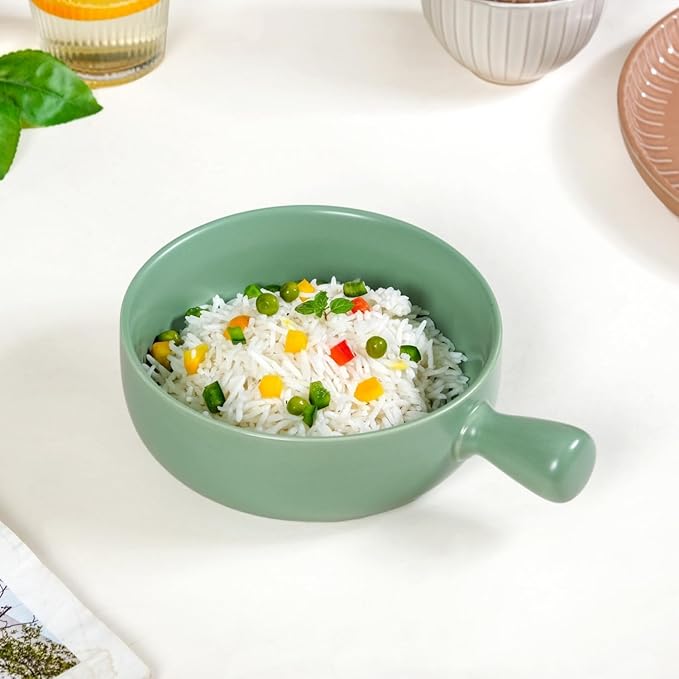 Nestasia Ceramic Sage Green Snack Bowl with Handle | Microwave & Dishwasher Safe Serving Bowl Perfect for Snacks, Noodles, Salads, Soup, Baking (650ml)