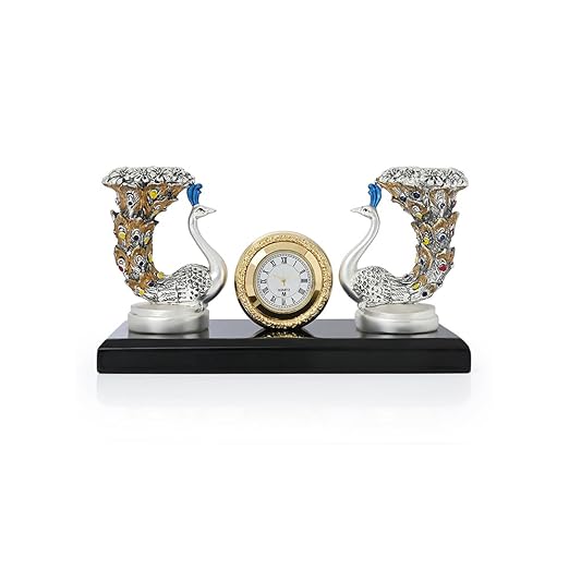 Pure 999 Silver Plated Peacock Candle Stand with Clock | Enamel Morni Feather Detailing on Dual Holders, Black Base | Housewarming & Festive Gift