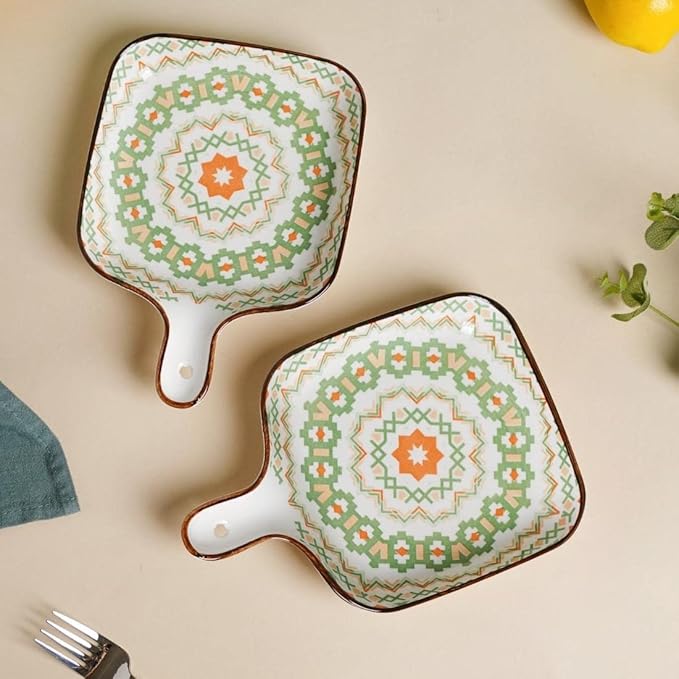 Nestasia Set of 2 Mandala Ceramic Snack Plates (White & Green) - Square Dessert Plates with Handle for Baking and Serving Desserts, Snacks & Appetizers | Microwave Safe (9 Inch Each)