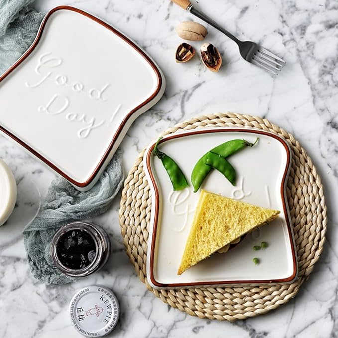 Nestasia White Ceramic Bread-Shaped Serving Plates Set of 2 (6.6 inches Each) | Microwave & Dishwasher Safe Snack Plate - Perfect for Breakfast, Tea Time Snacks, Sandwiches, Starters, or Burgers