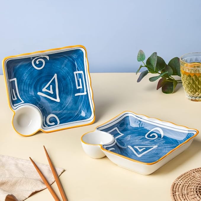 Nestasia Set of 2 Ceramic Chip and Dip Snack Plate with Dip Section | Microwave & Dishwasher Safe Starter Plates | Perfect for Fries, Momos, Sushi, Kebab (White & Blue)