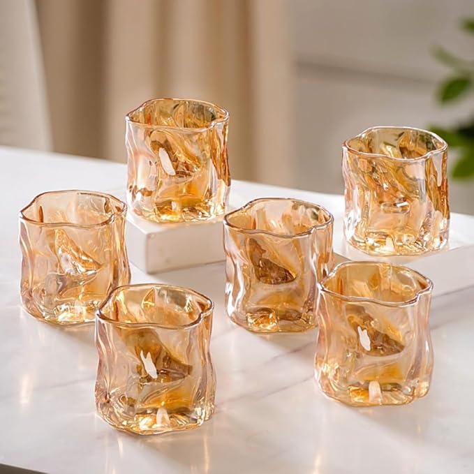Nestasia Crystal Whiskey Glass Set of 6 (200ml Each) | Elegant Amber Abstract Design for Whiskey, Juice, Water & More | Stylish Bar Set Addition for Home & Celebrations - Perfect for Gifting