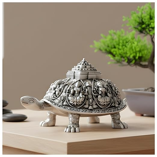 999 Pure Silver Plated Ashta Lakshmi Tortoise Idol | Vastu Home Decor for Pooja Room & Mandir | 4.75 Inch Turtle Showpiece for Prosperity & Good Luck