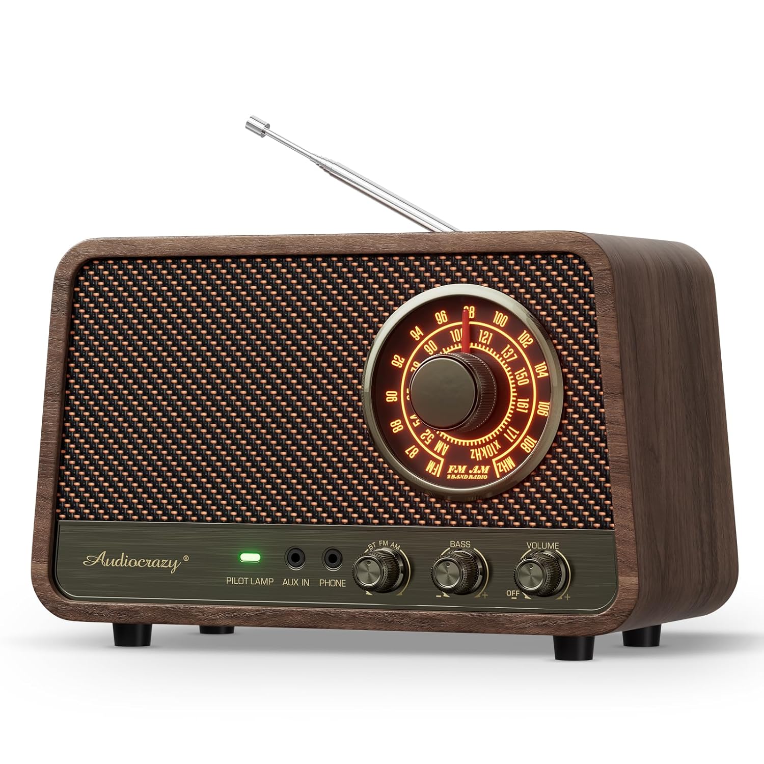 Retro Tabletop FM Radio with Bluetooth Speaker, Classic Wood Finish, Wall Plug for Home, Office, Aux In, Headphone Jack, Bass Control
