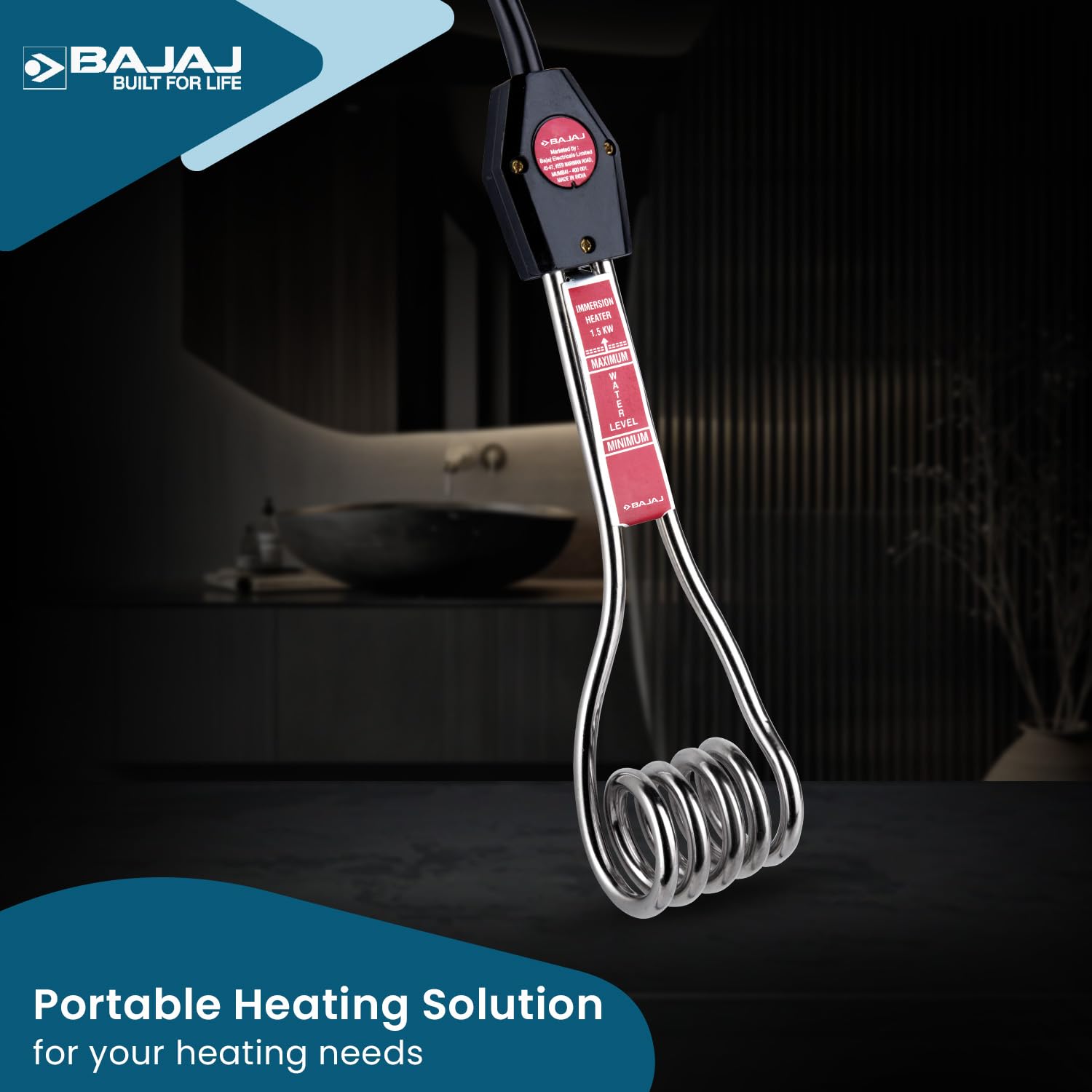 Bajaj Immersion 1500 Watts Water Heater Rod | Nickel Plated Heating| ISI Certified | 2 Years Warranty | Silver