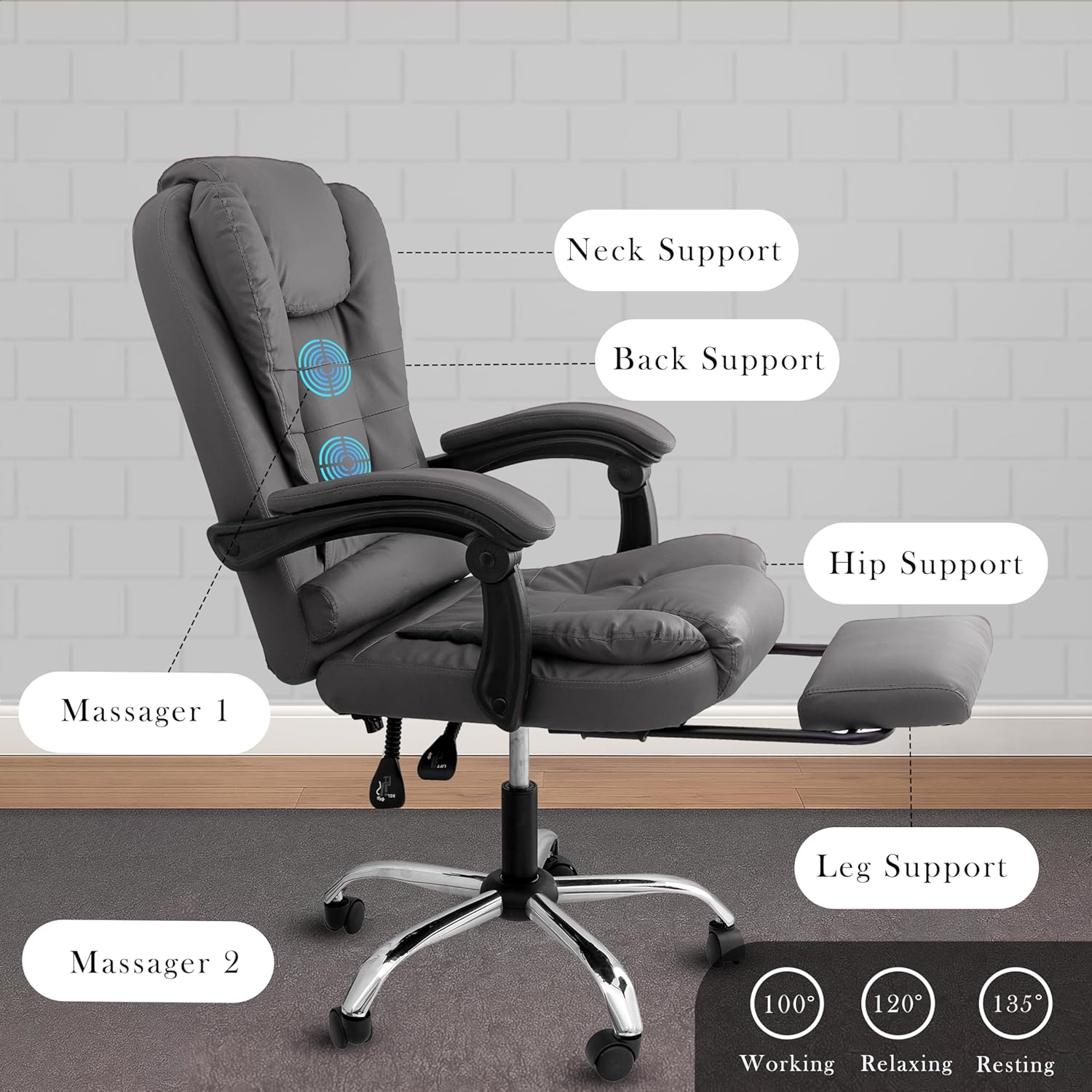 Casa Copenhagen Italia Leatherette Office Chair for Work | Boss Chair, Ergonomic Executive, Luxurious Cushioned Arms & Seat, 2 Point Back Massager, Adjustable Leg Rest, Heavy Duty Metal Base(Grey)