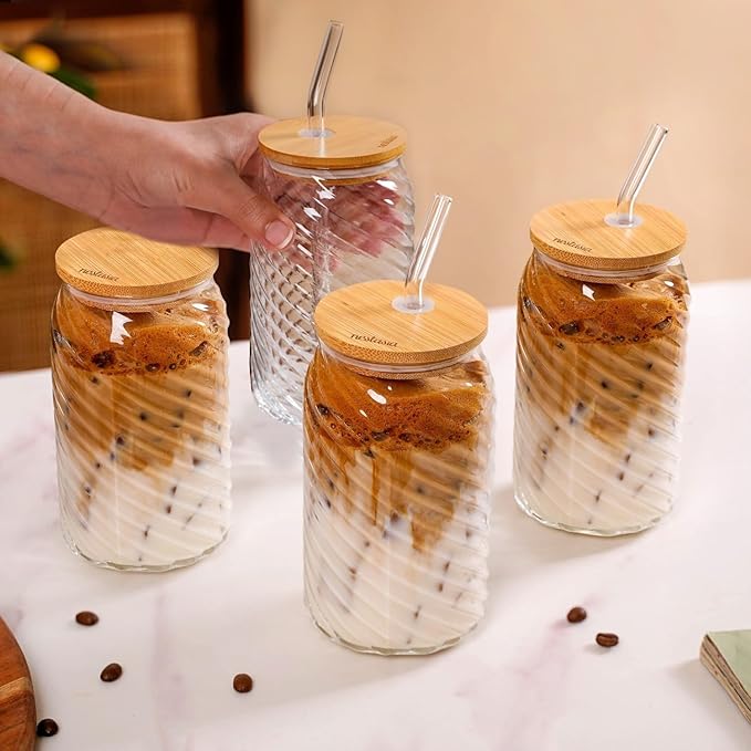 Nestasia Glass Tumbler Set of 4 (500ml) - Transparent Drinking Glasses with Wooden Lids and Reusable Straws, Perfect for Juice, Iced Tea, Cold Coffee, Cocktail and Daily Use