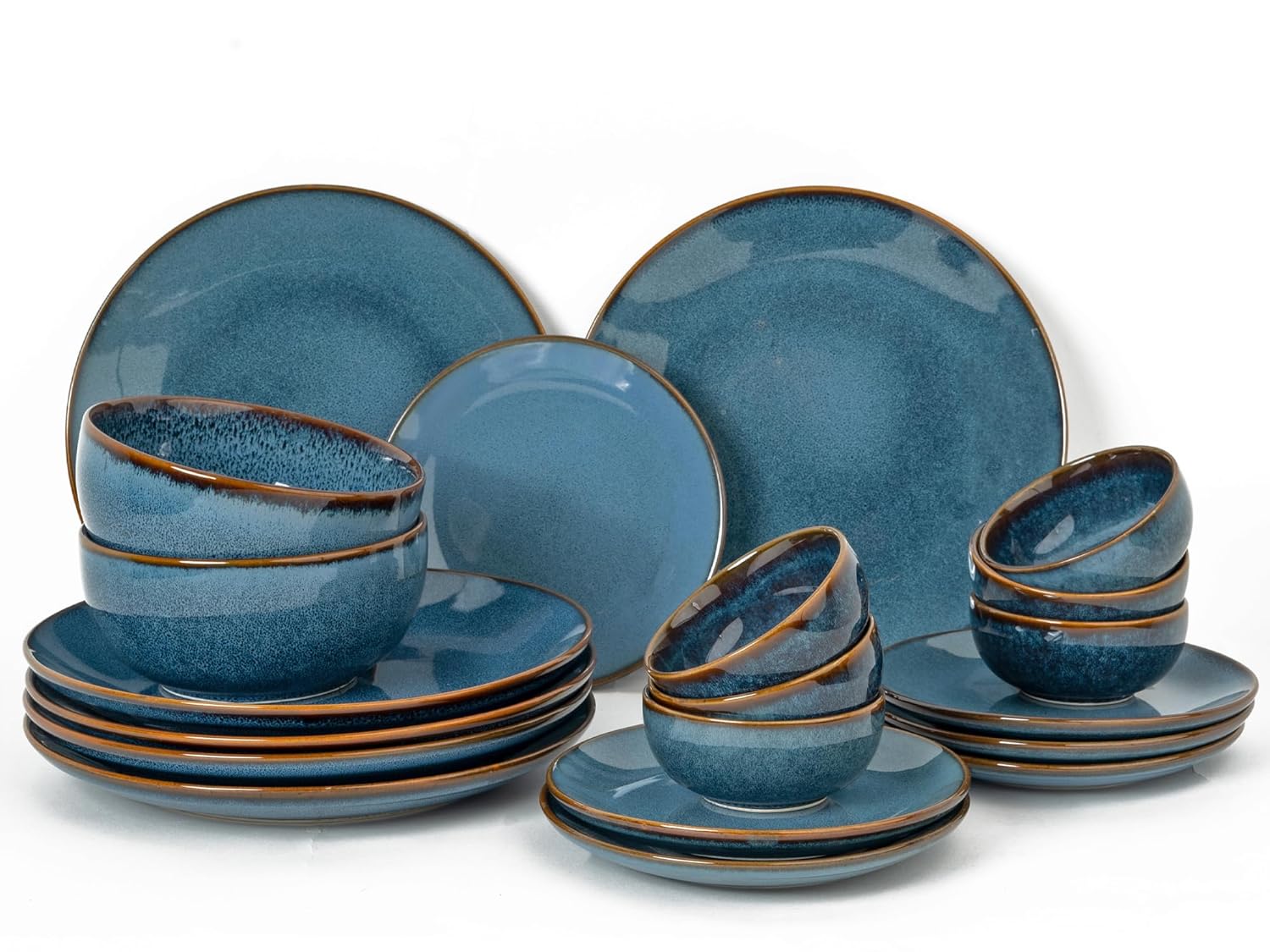 Handcrafted Stoneware Reactive Glaze Ceramic Dinner Set, 20 Pieces Serving for 6, Microwave and Dishwasher Safe, Bone-ash Free, Crockery Set for Dining and Gifting, Greenish-Blue
