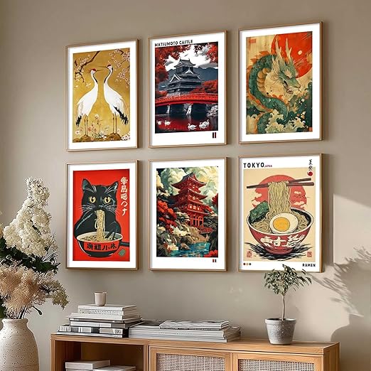 HOTHOUSE Japanese Theme Art Posters with Frame | Aesthetic Japan Theme Art Posters with Frames | Japanese Art Framed Poster for Bedroom Living Room Gaming Room Wall Decor Set Of 6 (10X13 inch)