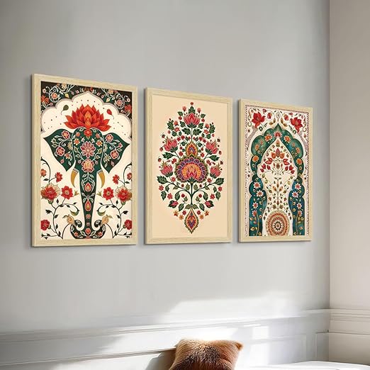 ArtX Paper Madhubani Paintings with Frame for Home Decor Wall Art, Wall Painting for Living Room, Multicolor, Natural Wood Color Frames, 12.0x18.0 inch, Set of 3