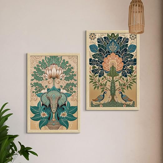 ArtX Paper Madhubani Art Paintings with Frame for Home Decor, Wall Painting for Living Room, Multicolor, Natural Wood Color Frames, Set of 2