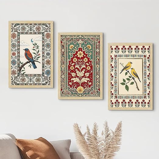 ArtX Paper Madhubani Paintings with Frame for Home Decor Wall Art, Wall Paintings for Living Room, Multicolor, Natural Wood Color Frames, 12.0x18.0 inch, Set of 3