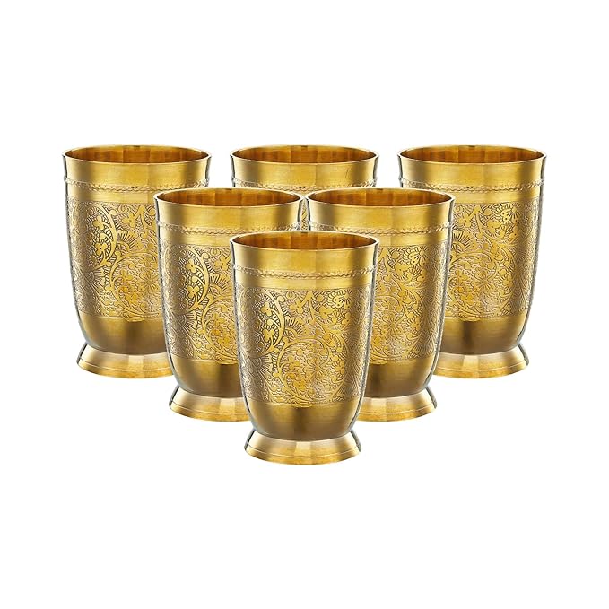 Amazon Brand - Solimo Pure Brass Glass Tumbler with Embossed Design | Set of 6 | 250 ml Each | Traditional Water Glasses for Daily Use, Yoga & Ayurveda
