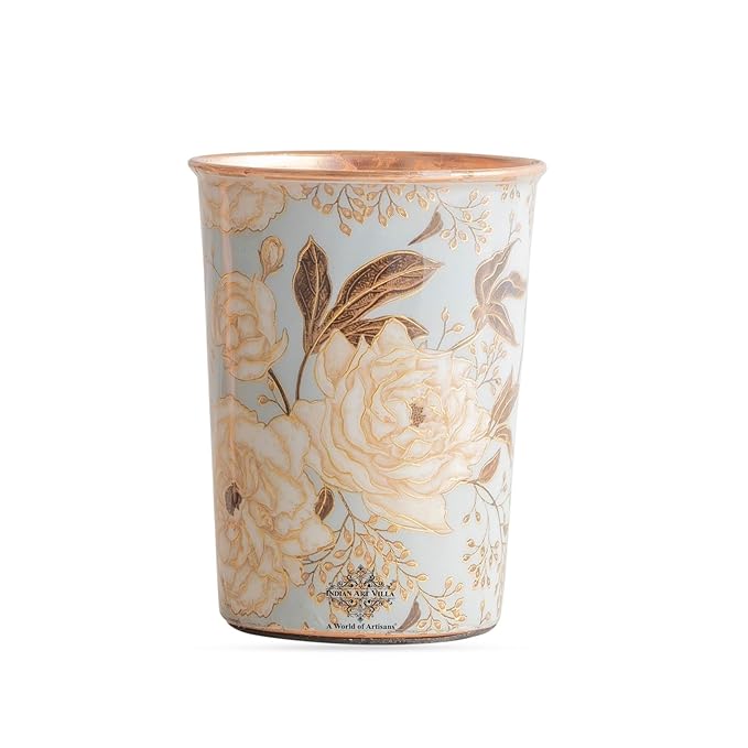 INDIAN ART VILLA Copper Gold Print Design Glass – 275 ML, Ayurvedic Copper Drinkware for Daily Use, Elegant Handcrafted Water Glass for Home, Office, and Gifting, Set of 2