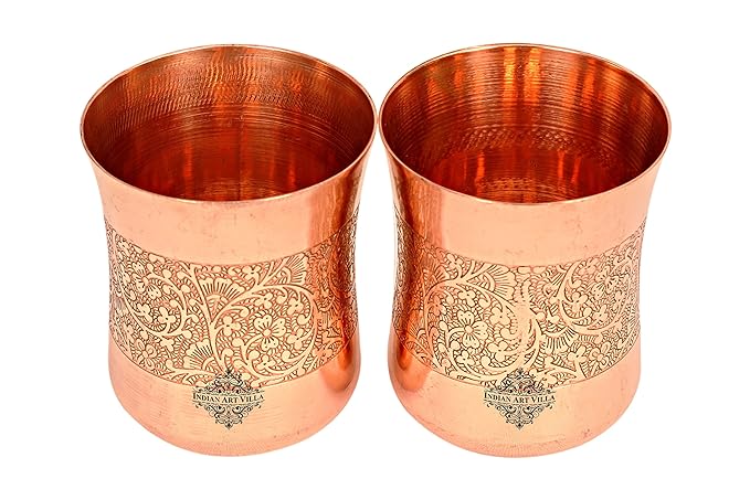 INDIAN ART VILLA Embossed Design Copper Glass Tumbler, Drinkware & Sevreware, 300 ML Each, Set of 2, Brown