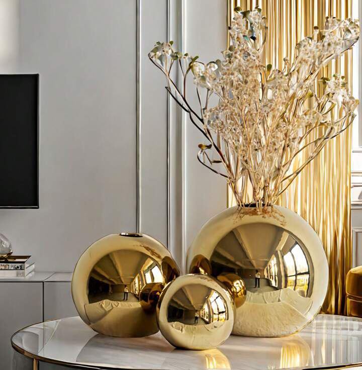 Zove Metal Set of 3 Steel Ball Round Flower Vase for Home Decor | Gold Decorative Table Vases for Living Room, Bedroom, Office & Wedding | Ideal Gift for Birthday, Anniversary, Diwali, Ganpati & Onam