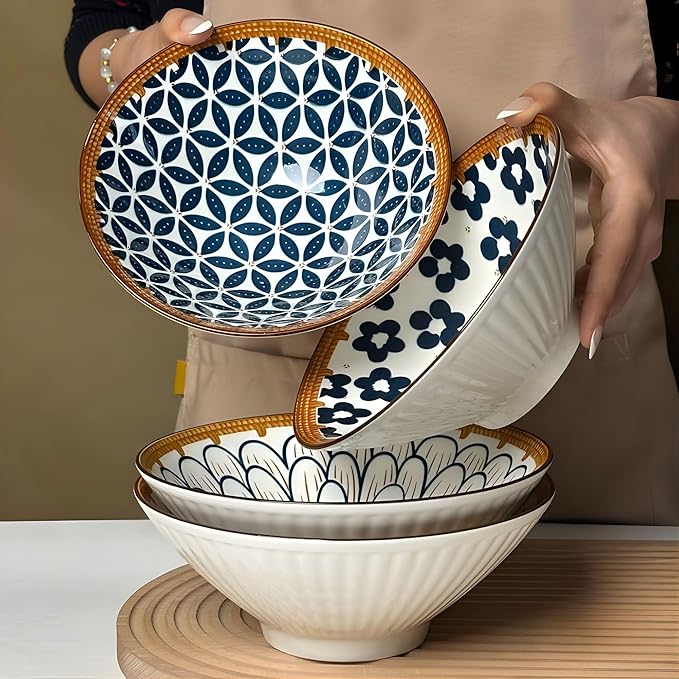 Set of 4 Artisan Ceramic Serving Bowls - 8” Decorative Pasta & Salad Bowls Unique Hand-Painted Blue & White Patterns, Premium Stackable Dinnerware for Home & Kitchen Gifting (Random)