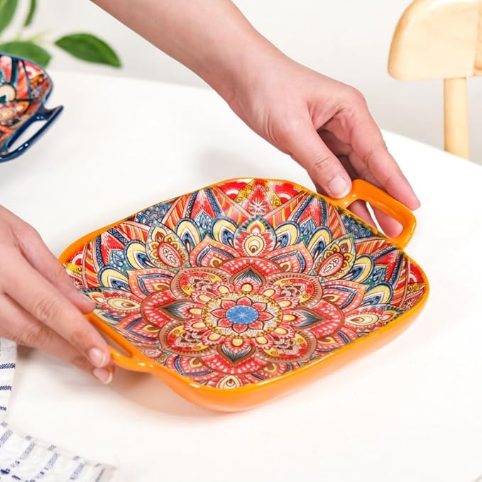 Nestasia Mandala Ceramic Serving Platter with Handles - Square Floral Serving Tray with Glossy Finish | Dishwasher & Microwave Safe Serving Platter for Snacks, Salads & Starters (Yellow)