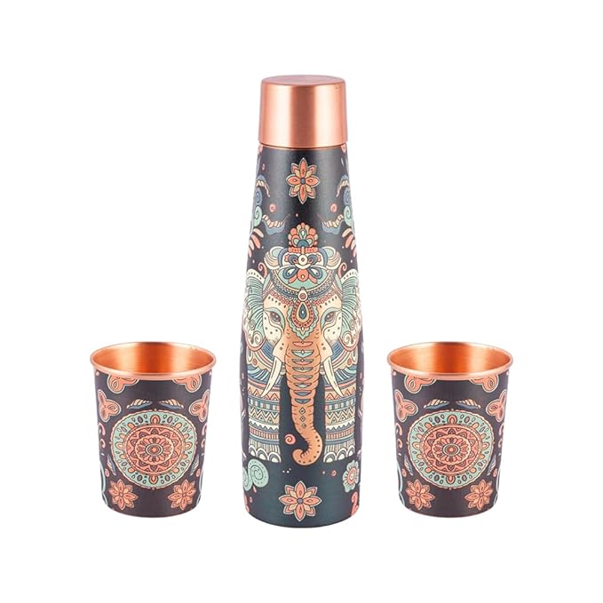 Designer Copper Bottle & Glass Set with Elephant & Mandala Design – 900ml Bottle + 2 x 250ml Glasses | Heavy-Gauge Pure Copper Ayurvedic Gift Set