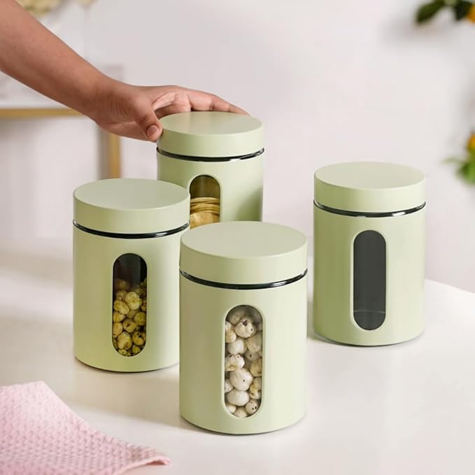 Nestasia Oval Window Metal Jacketed Glass Jars Set of 4 (1200 ml) - Glass Containers for Kitchen Storage with Transparent See - Through Window for Snacks, Dry Fruits, Tea or Coffee Beans (Green)