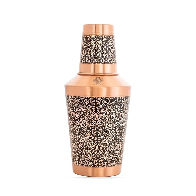 INDIAN ART VILLA Copper Matt & Antique Embossed Bed Jar with Glass & Leak-Proof Cap, Handcrafted Ayurvedic Water Bedroom Bottle for Home, Office & Gifting, 1250 ML
