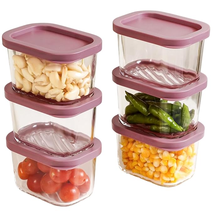 Nestasia Groovo Glass Containers for Fridge Storage Set of 6 (310ml Each) - Transparent Stackable Glass Container with Lid, Microwave & Dishwasher Safe Containers with Ribbed Texture (Purple)