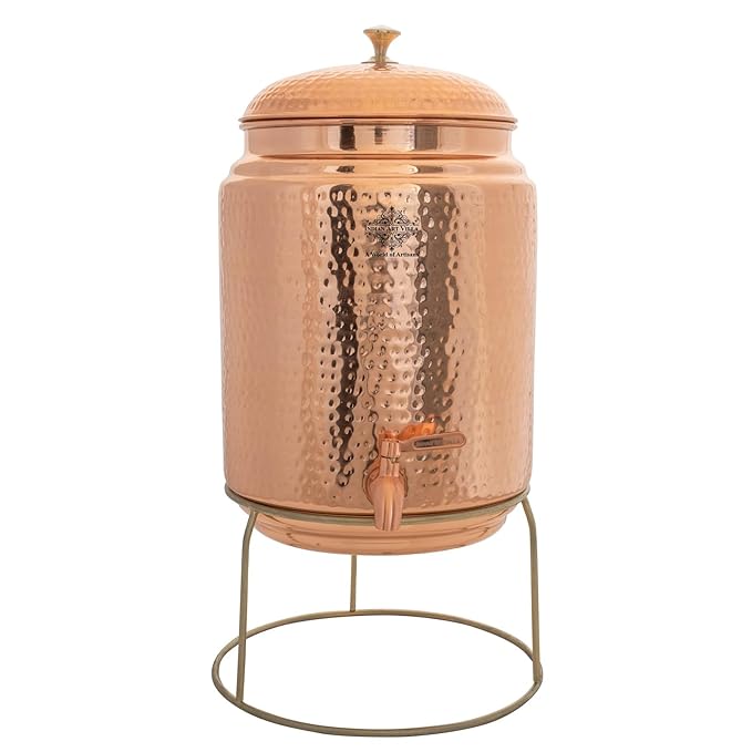 Indian Art Villa Pure Copper Hammered Design Joint Free Water Pot/Dispenser/Container/Matka/Tank with Stand, Tap & Knob, for Storage & Serving Water, Health Benefits, Volume- 18 Liters