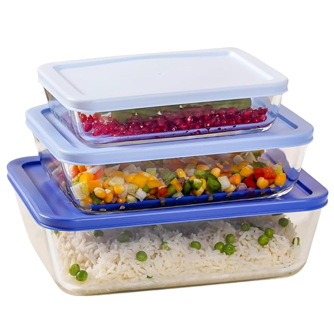 Nestasia Glass Containers for Kitchen, Set of 3 of Different Size (S-700ml, M-1400ml, L-2600ml, Blue) - Transparent Nested Design for Easy Fridge Storage, Microwave, Dishwasher & Refrigerator Safe