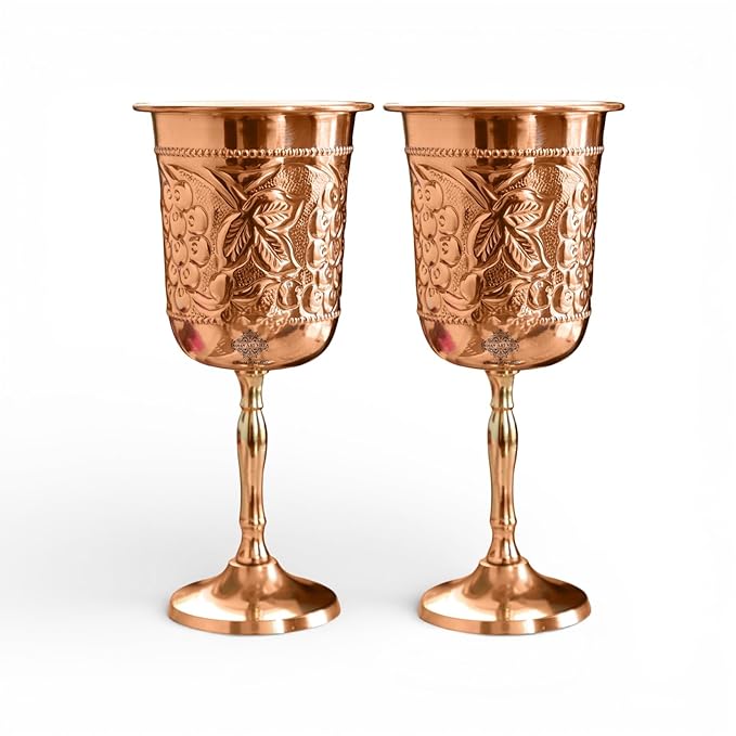 INDIAN ART VILLA Pure Copper Wine Glass with Grape Vines Embossed Design & Brass Bottom, Serving Drinking Wine Cocktail Bar Hotel Restaurant, Volume-300 ML Pack of - 2