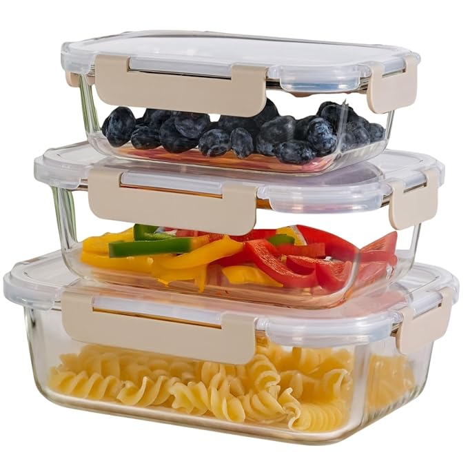 Nestasia Nestro Transparent Glass Containers with Lid Set of 3 (S-600ml, M-1000ml, L-1500ml) | Rectangle Airtight Glass Containers with Break Free Lock | Microwave, Dishwasher & Freezer Safe (Beige)