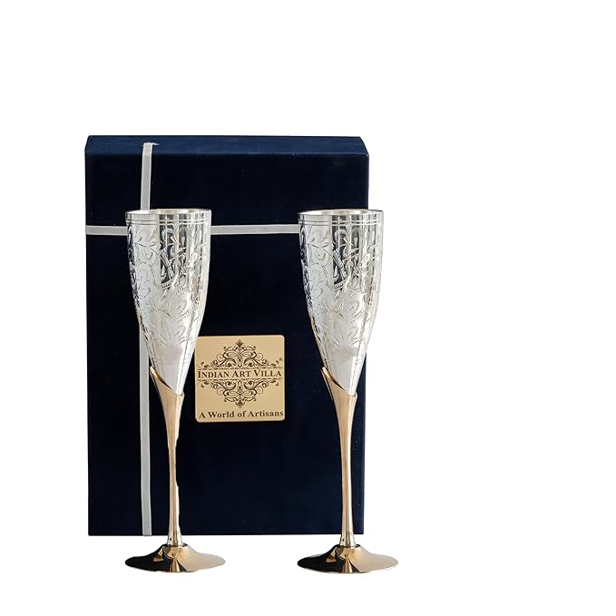 INDIAN ART VILLA Silver Plated Goblet Flute Wine Glass with Blue Box, Best for Parties, Diwali Gift Item, 100 ML Each, Set of 2