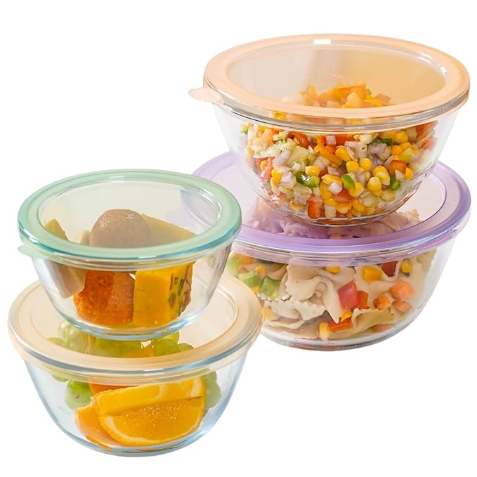Nestasia Glass Containers for Kitchen Storage Set of 4 (XS - 500ml, S - 800ml, M - 1000ml, L - 1600ml) - Borosilicate Glass, Nested Design for Easy Storage, Microwave, Dishwasher & Refrigerator Safe
