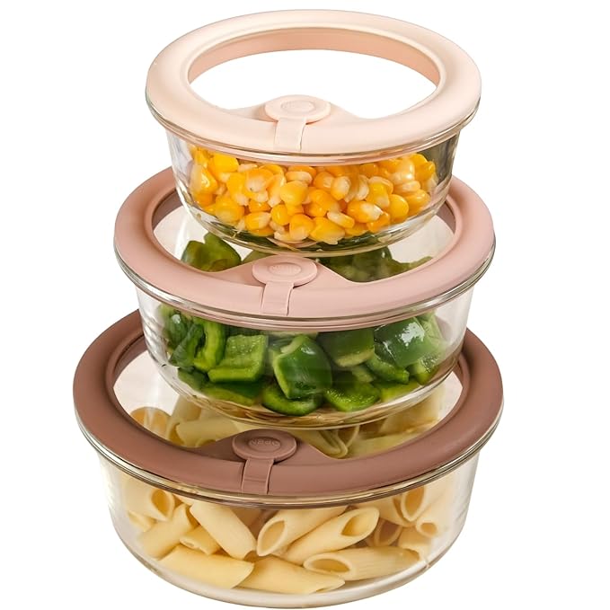 Nestasia Vento Glass Containers with Lid Set of 3 (400ml, 620ml, 950ml) - Round Containers with Air Vent Lid for Kitchen Storage | Microwave, Dishwasher & Refrigerator Safe (Beige Ombre)