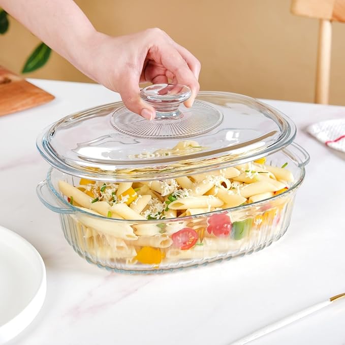 Nestasia Ribbed Borosilicate Glass Casserole with Lid (1600 ml) - Microwave, Dishwasher & Oven Safe Serving Bowl with Handles for Baking, Serving & Food Storage (Transparent)