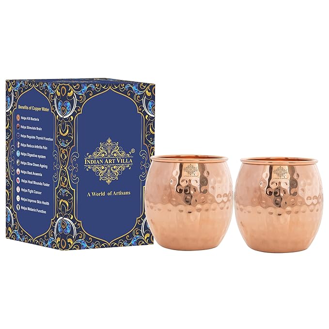 INDIAN ART VILLA Copper Glass Tumbler, Hammer Design, Drinkware, 550 ML Each, Set of 2