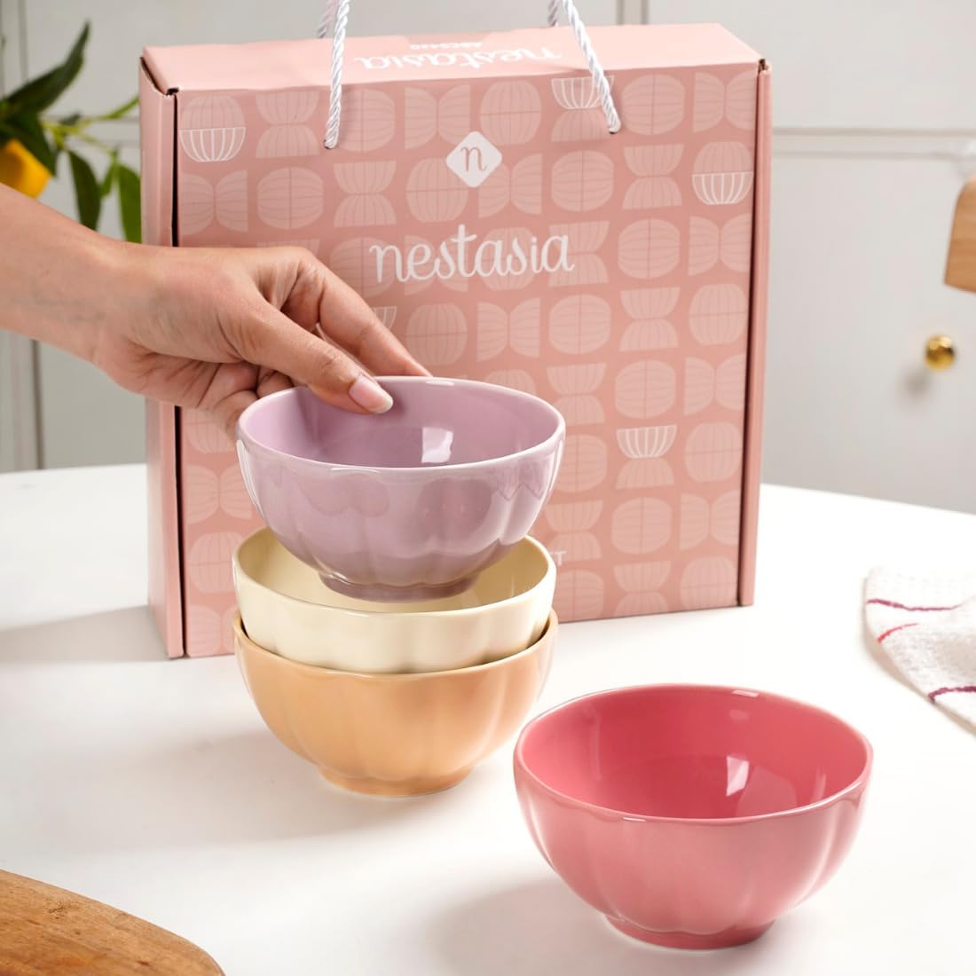 Nestasia Set of 4 Ceramic Bowls for Snacks (310ml) - Dishwasher & Microwave Safe Bowl, Multipurpose Daily Use Multicolor Bowls Set for Rice, Dal, Fruits, Salad | Perfect for Gifting