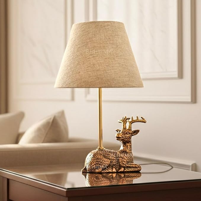 BEHOMA Luxury Deer Figurine Table Lamp with Antique Gold Aluminium Base & Fabric Shade | Elegant Home & Office Decor | Gift for Men, Kids, Housewarming Anniversary & Birthday (Bulb not Included).