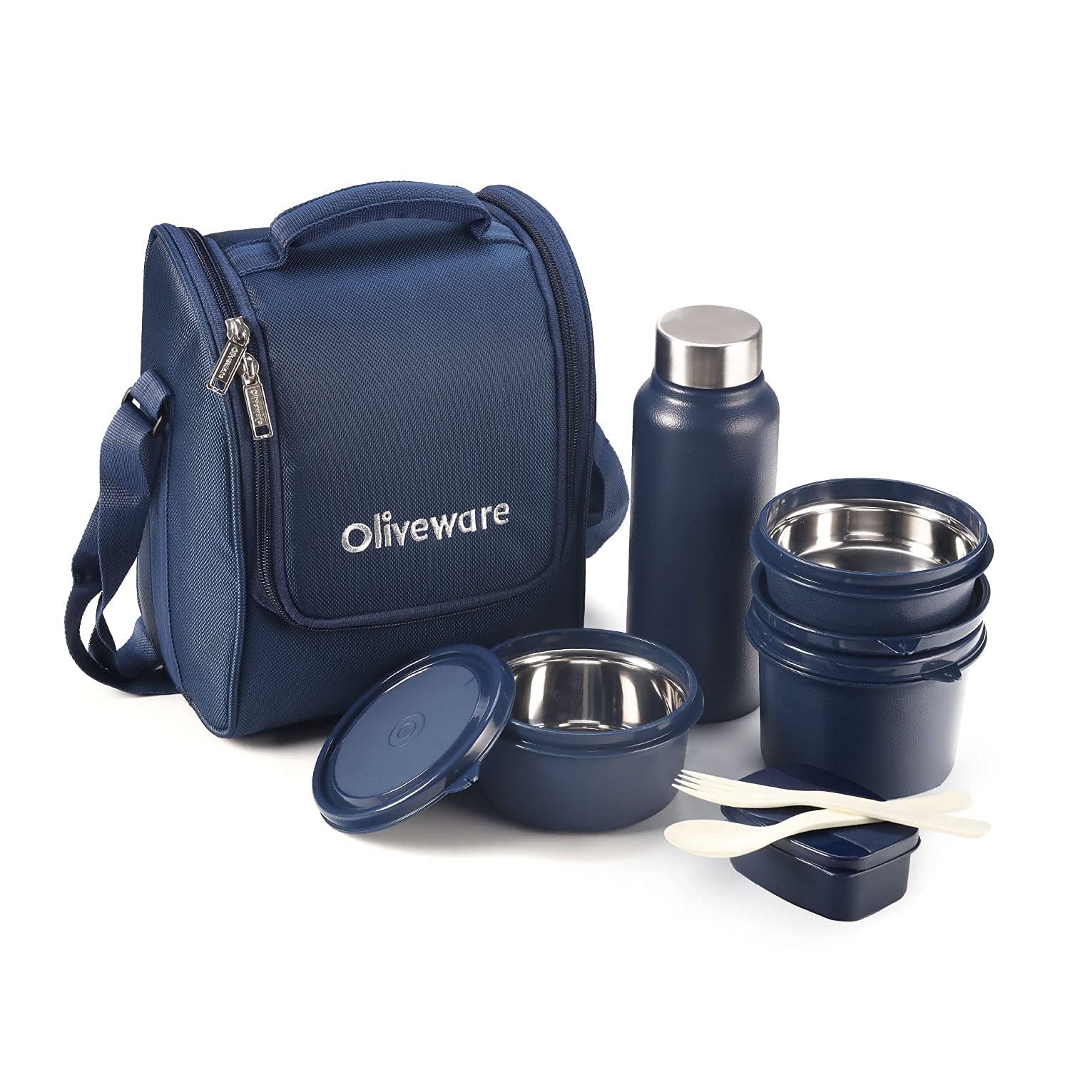SOPL-OLIVEWARE Teso Lunch Box with Plastic Cutlery, 3 Microwave Safe Inside Containers with BPA Free Lids (290ml, 450ml & 600ml), Plastic Pickle Box (130ml), Steel Water Bottle(750ml) - Blue