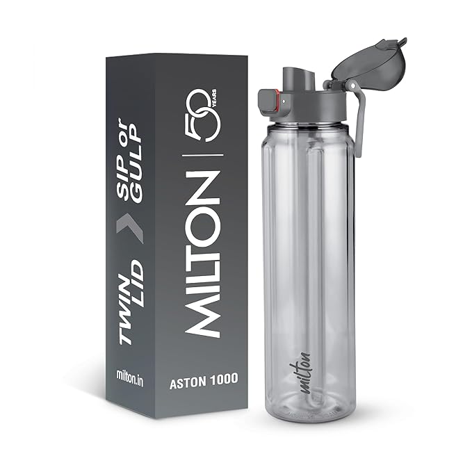 MILTON Aston 1000 BPA & BPS-Free Water Bottle 1 ltr | Food-Grade Plastic | One-Click Open | Leak-Proof | Sip & Gulp Lid I Ideal for Office, School, College, Gym, Grey