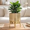 BEHOMA Fluted Metal Indoor Planters with Stands for Table Top and Floor | Living Room Drawing Room Balcony Office Plant Pots | Size Height- 8.5" x Dia. 7" inch, Golden (Plants not Included)