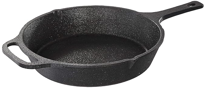 Amazon Brand - Solimo Cast Iron Shallow Fry Pan for Frying/Roasting, Long loop Handle, 10 Inches, Induction & Gas Friendly, Pre-seasoned, Naturally Non-stick, Long Lasting Cookware