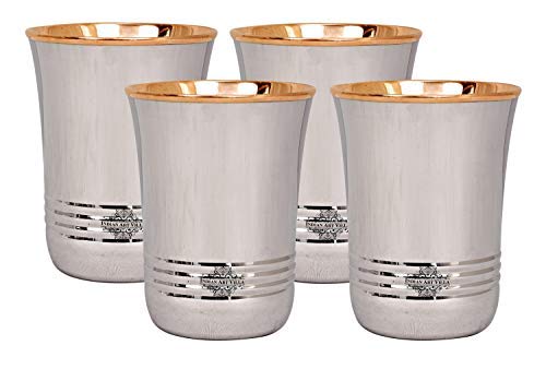 Indian Art Villa Steel Copper Glass Tumbler Set (Silver and Brown, 250 ml Each) - 4 Pieces