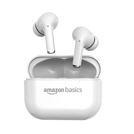 Amazon Basics TWS Wireless in Ear Earbuds, Bluetooth 6.0 Earphones with Mic, 55H Playtime, Bluetrum 5656A Chipset, Compact 500 mAh Charging Case, Clear Calls, Ergonomic Design (White)