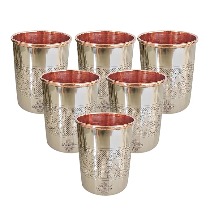 INDIAN ART VILLA Steel and Copper Glass Tumbler, Embossed Design, Drinkware, 250 ML Each, Set of 6