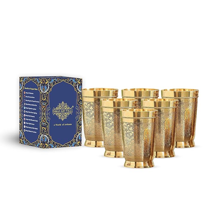 INDIAN ART VILLA Pure Brass Glass Tumbler with Embossed Design, for Drinking Serving Water, Yoga & Ayurveda, Volume-270 ML, Set of 6